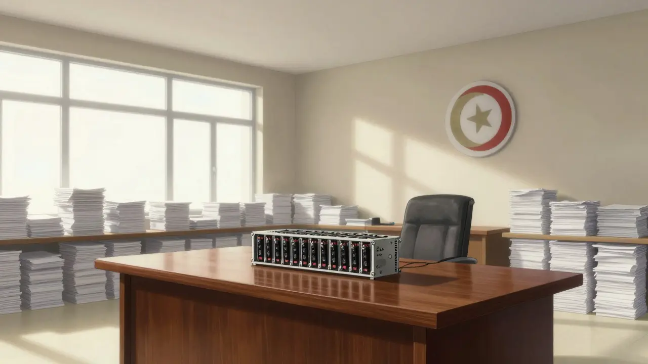Confiscated crypto mining hardware on a desk in a formal government office