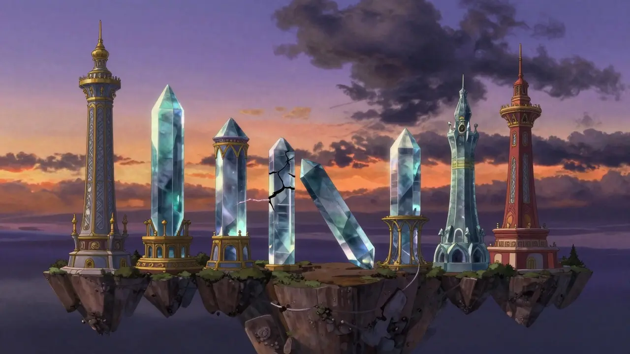 Crystalline towers on a floating island under a dramatic sunset sky.