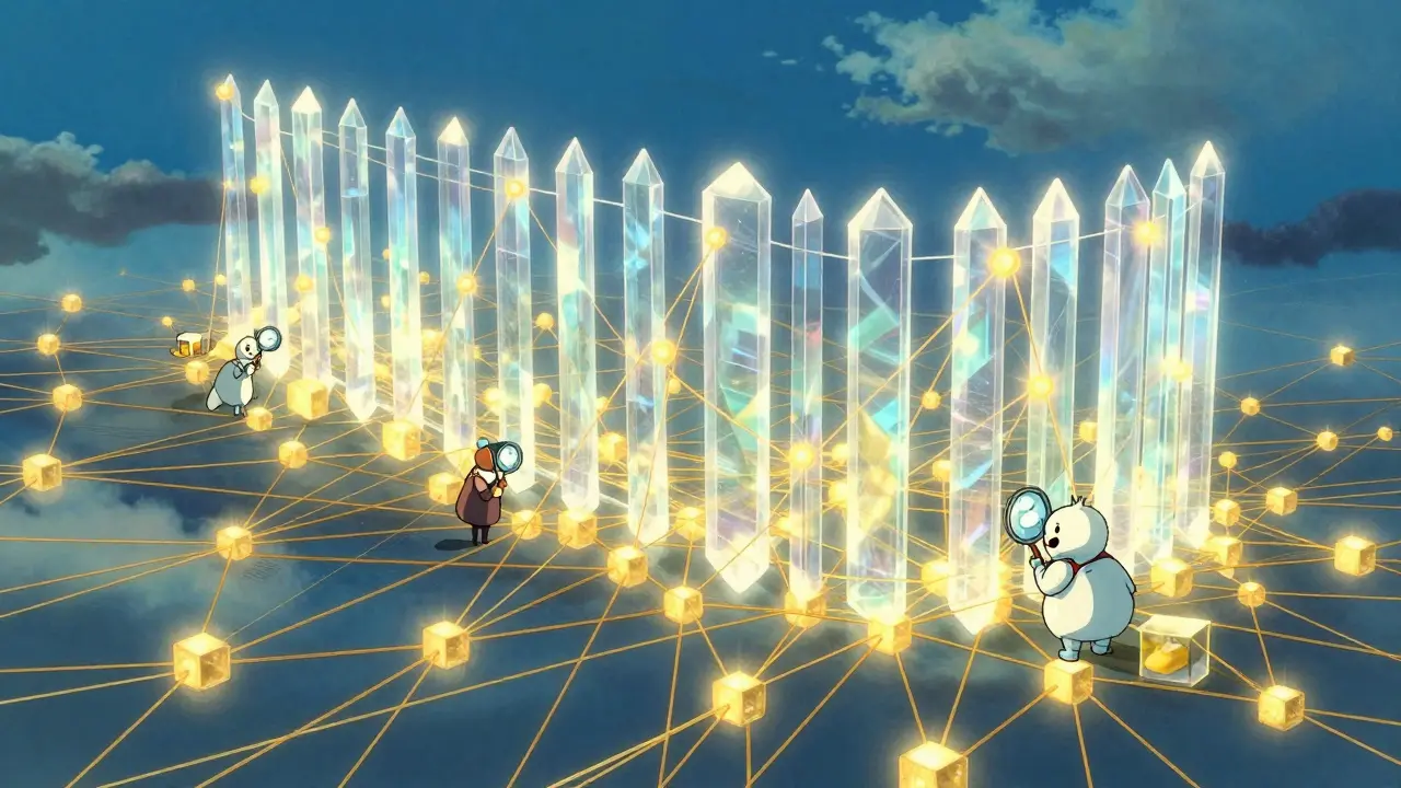 Crystalline wall partitioning a glowing golden blockchain network of floating blocks