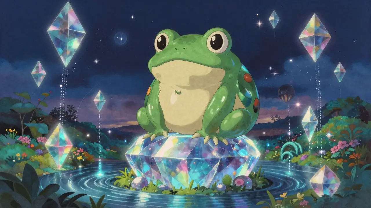 Futuristic toad mascot resting on a glowing Ethereum crystal