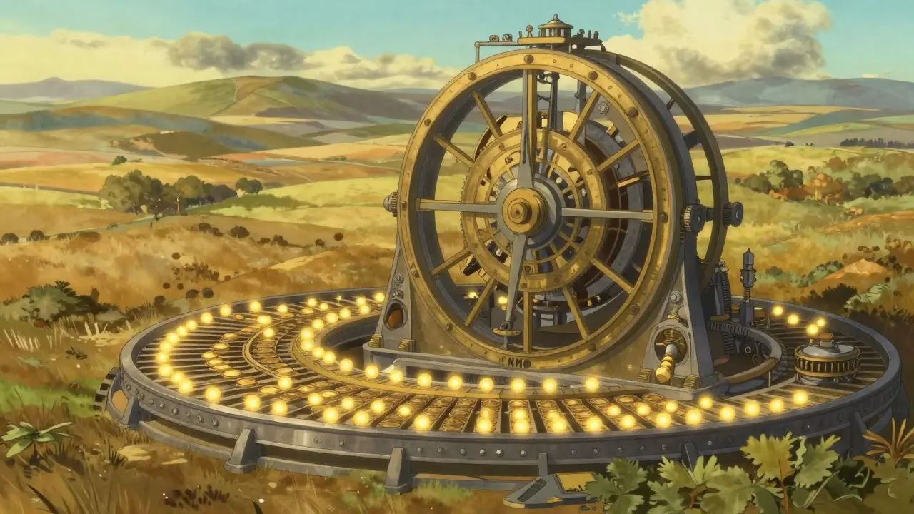 Ghibli style clockwork mechanism precisely organizing glowing golden spheres in a landscape