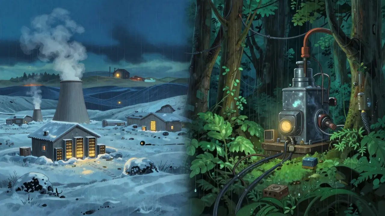 Ghibli style contrast between a snowy Icelandic geothermal site and a rainy forest setup
