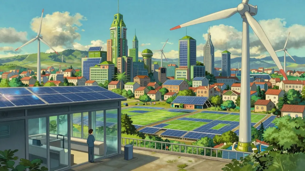 Ghibli style futuristic green city with wind turbines and solar panels for sustainable mining