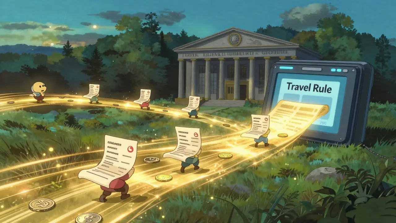 Glowing data streams transferring identity information between wallets in a Ghibli landscape.