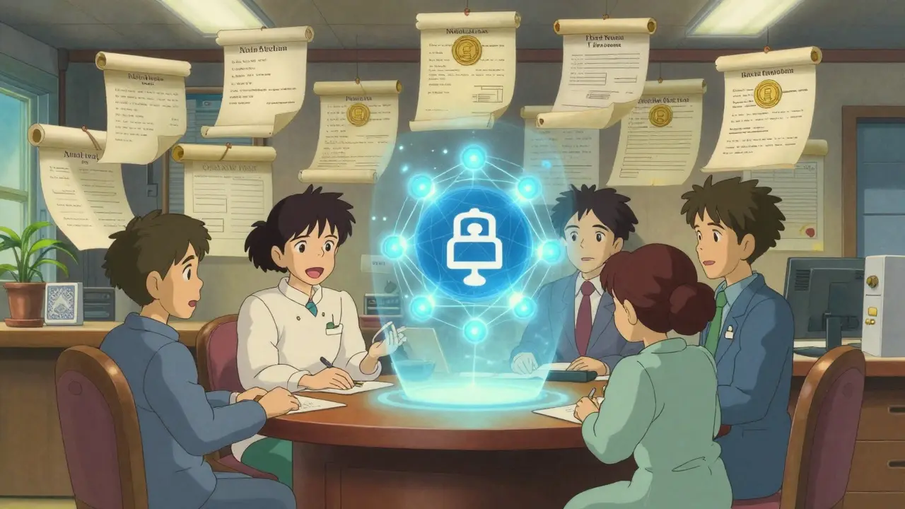 Hospital administrators interacting with a floating blue blockchain network in a cozy office.