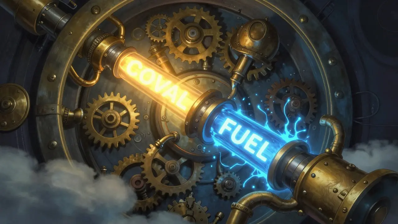 Mechanical gears and glowing gold and blue energy sources inside a digital system.