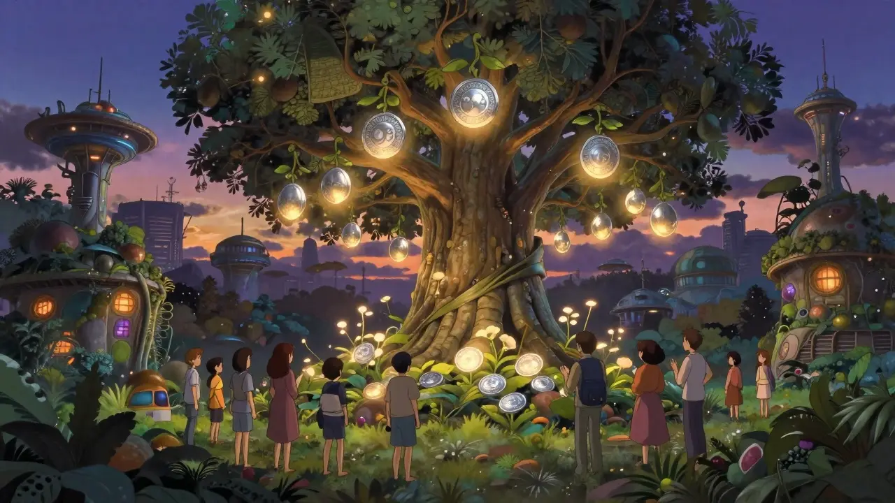 People gathered around a glowing token tree in a futuristic organic garden.