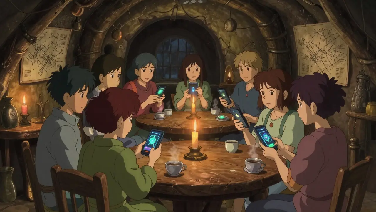 People in a cozy underground cellar trading digital tokens using handheld devices.