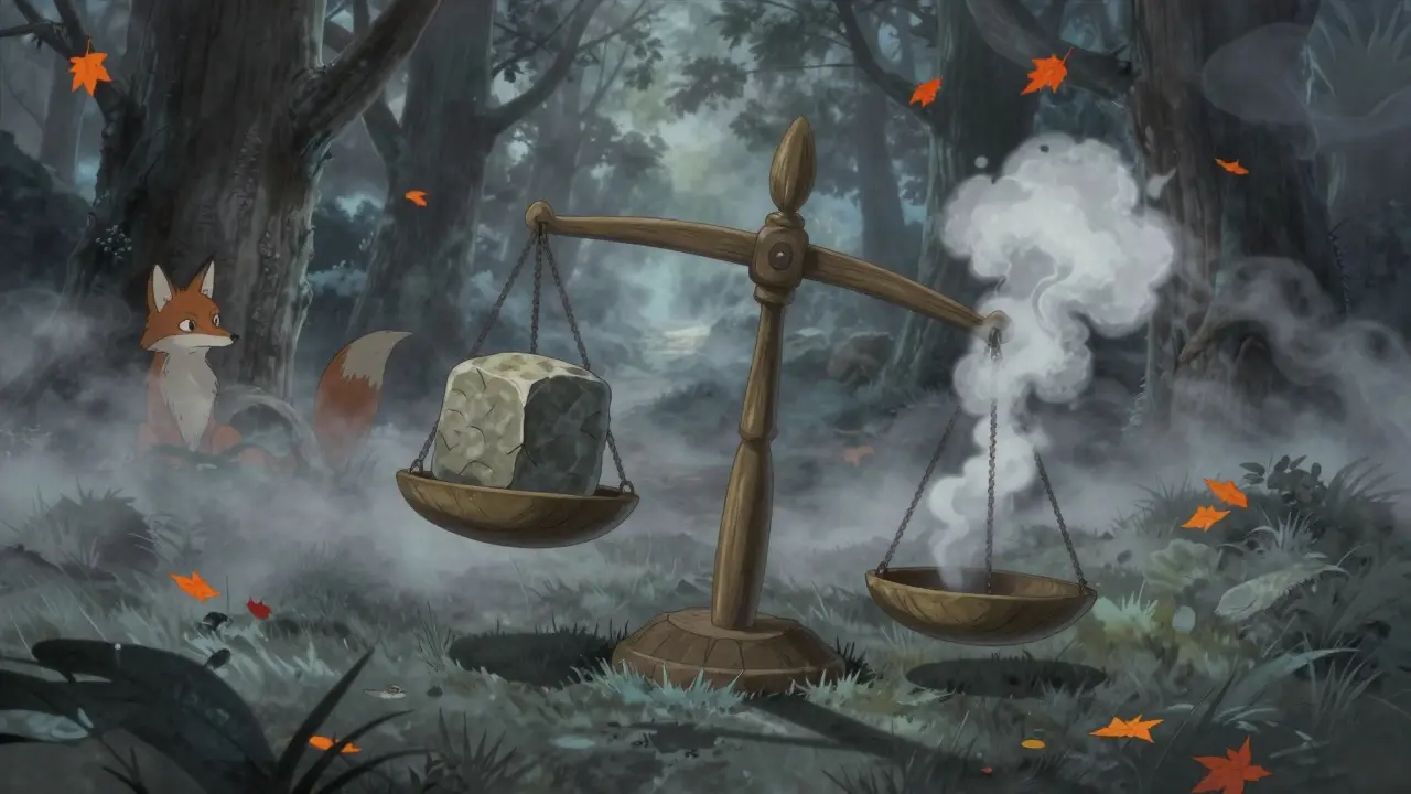 Scale with stone and smoke in misty forest