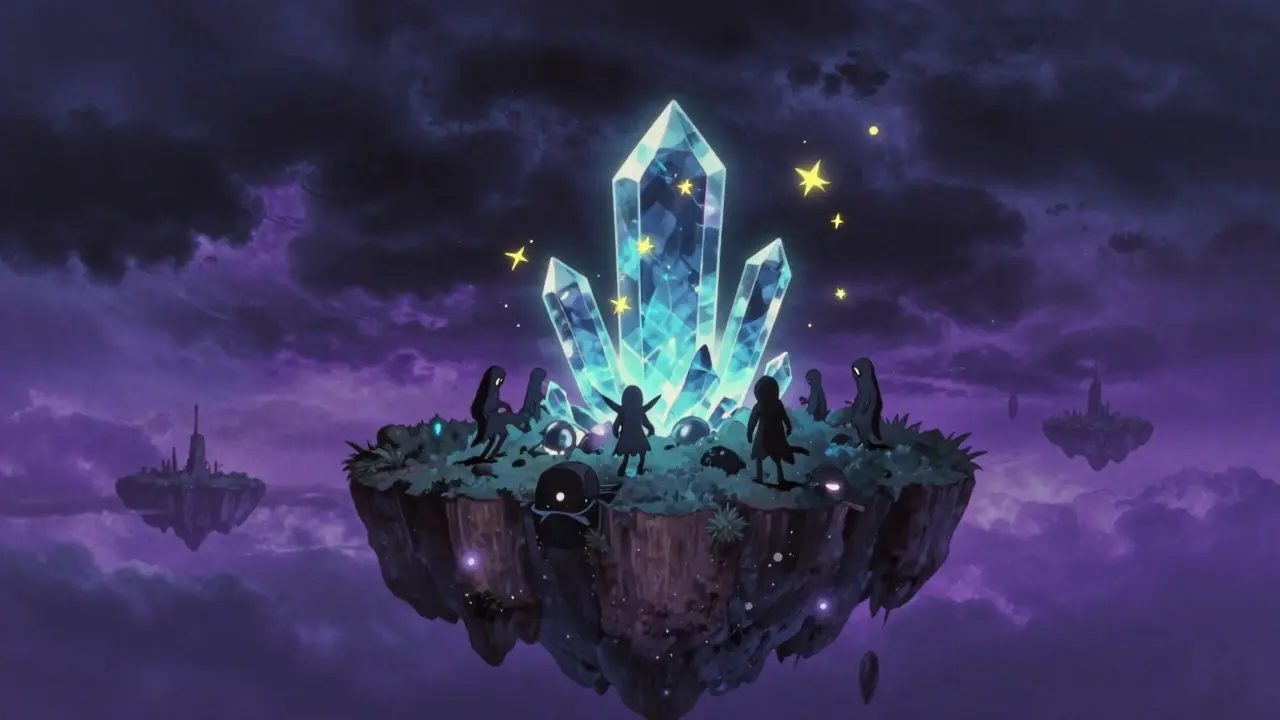 Shadowy figures attacking a glowing digital core amidst a purple storm