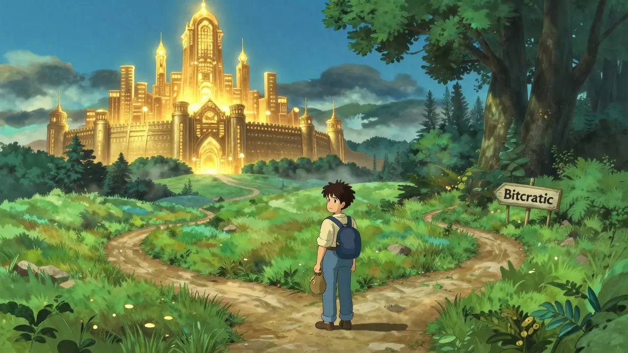 Traveler choosing between a secure golden city and a mysterious misty path