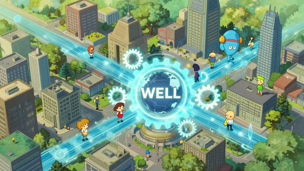 Whimsical Ghibli-style digital city showing people interacting with glowing data streams and gears.