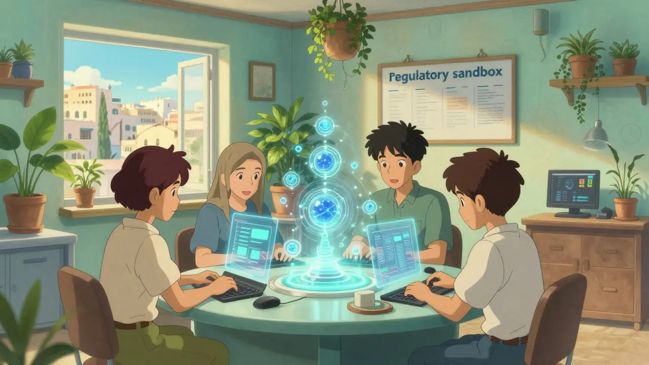 Young innovators working with holographic blockchain technology in a sunny lab