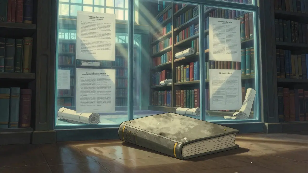 A blank, dusty book lying alone in a sunlit library.