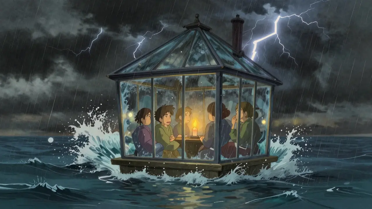 A fragile glass house floats in a stormy sea in Studio Ghibli style, depicting the risks of unregulated exchanges.