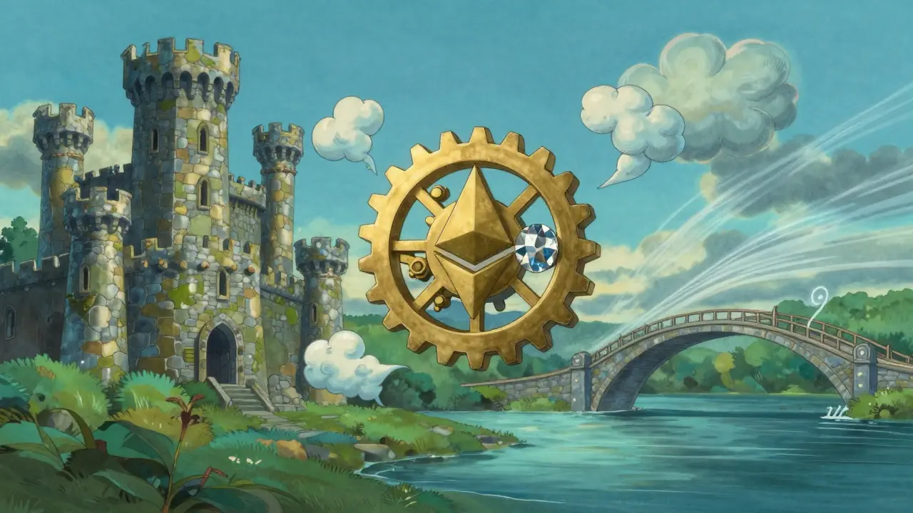 A golden mechanical gear connecting two magical realms, symbolizing dual-chain crypto utility in anime style.