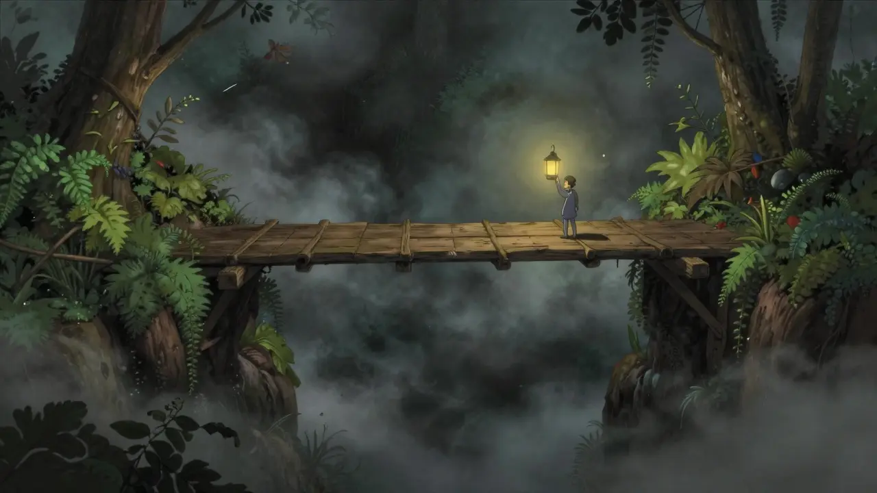 A lone figure on a rickety bridge over a dark, misty abyss.