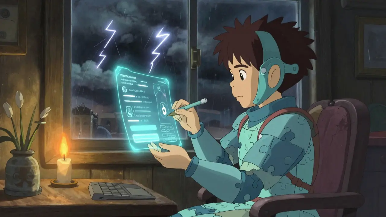 A person checking a secure wallet hologram in a safe room amidst a storm.