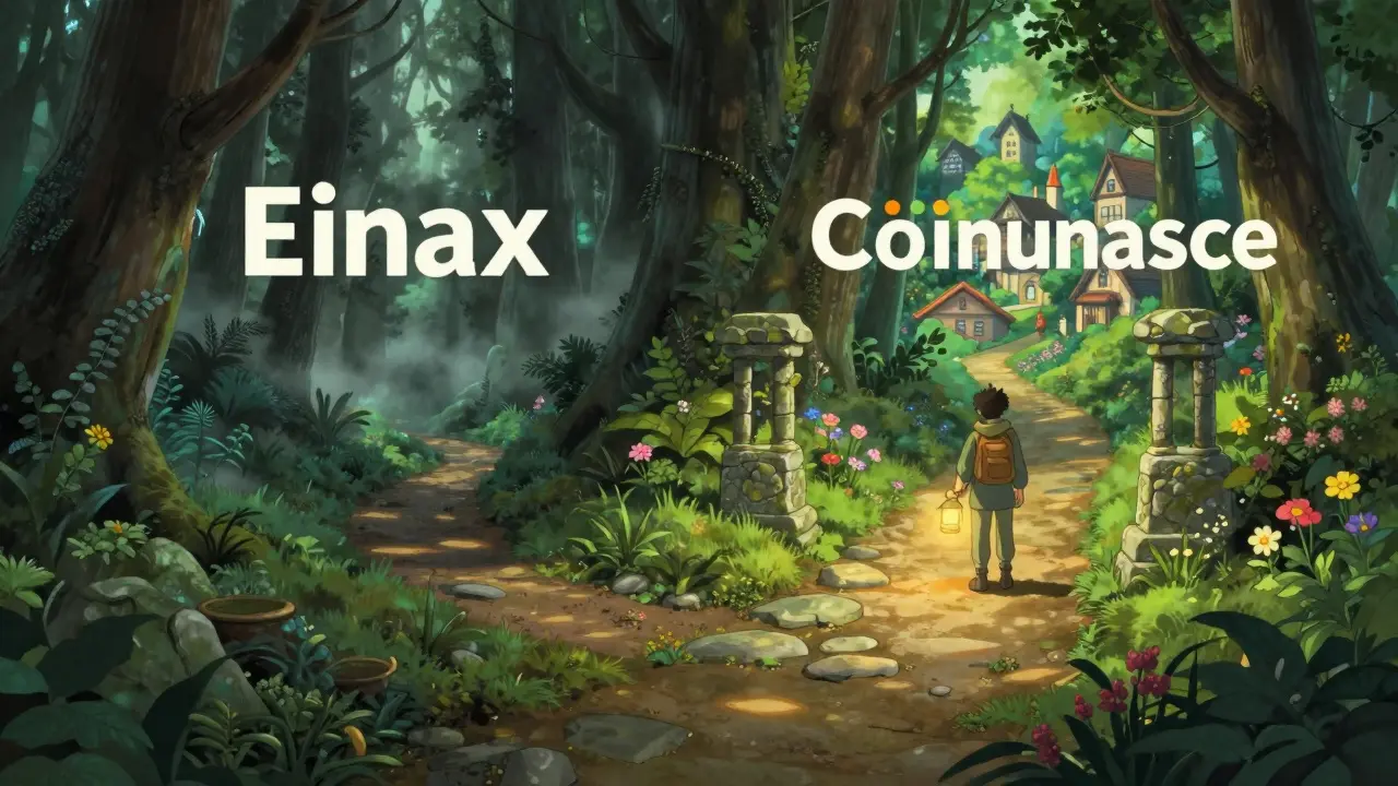 A traveler chooses between a dark foggy path and a sunny safe road in Studio Ghibli style, representing risk vs safety.