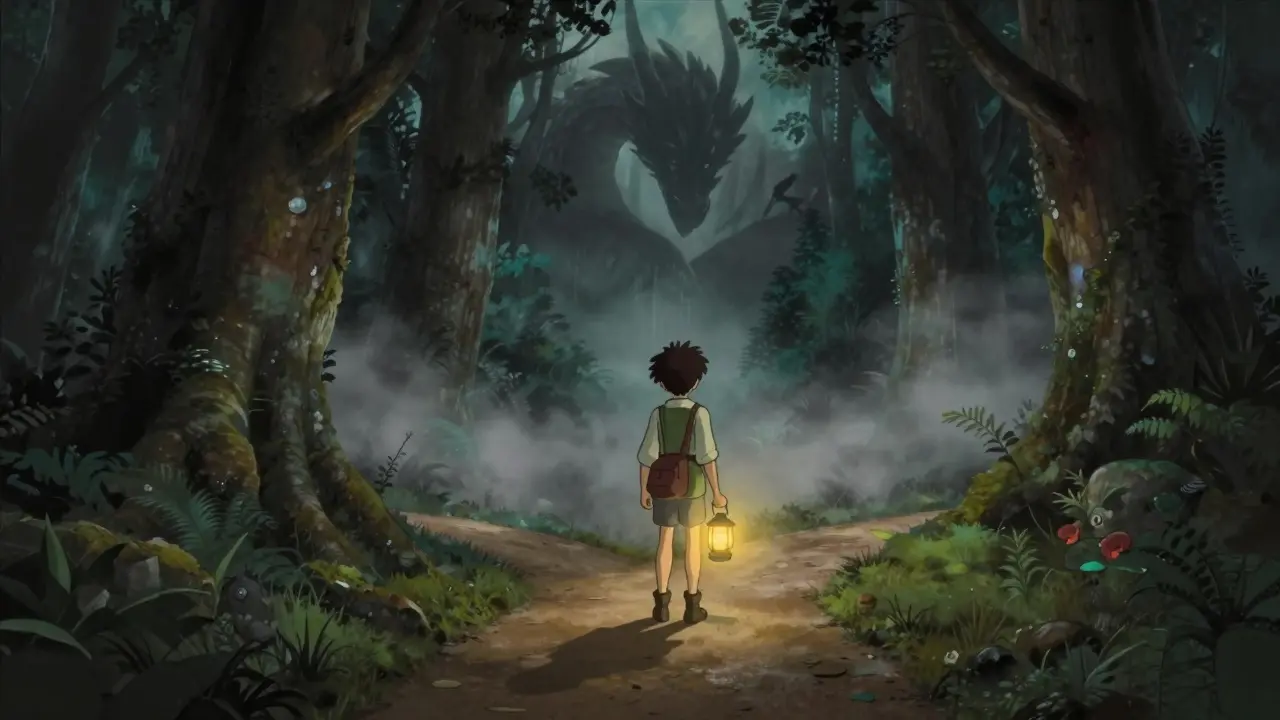A traveler with a lantern at a crossroads in a mystical forest, representing crypto risks and caution.