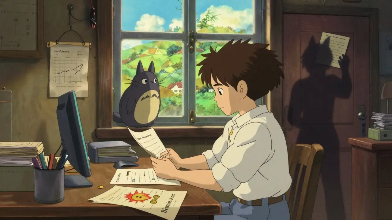 An analyst in a Ghibli-style room reviewing low volume charts and a burning token, while a cat watches a scammer.