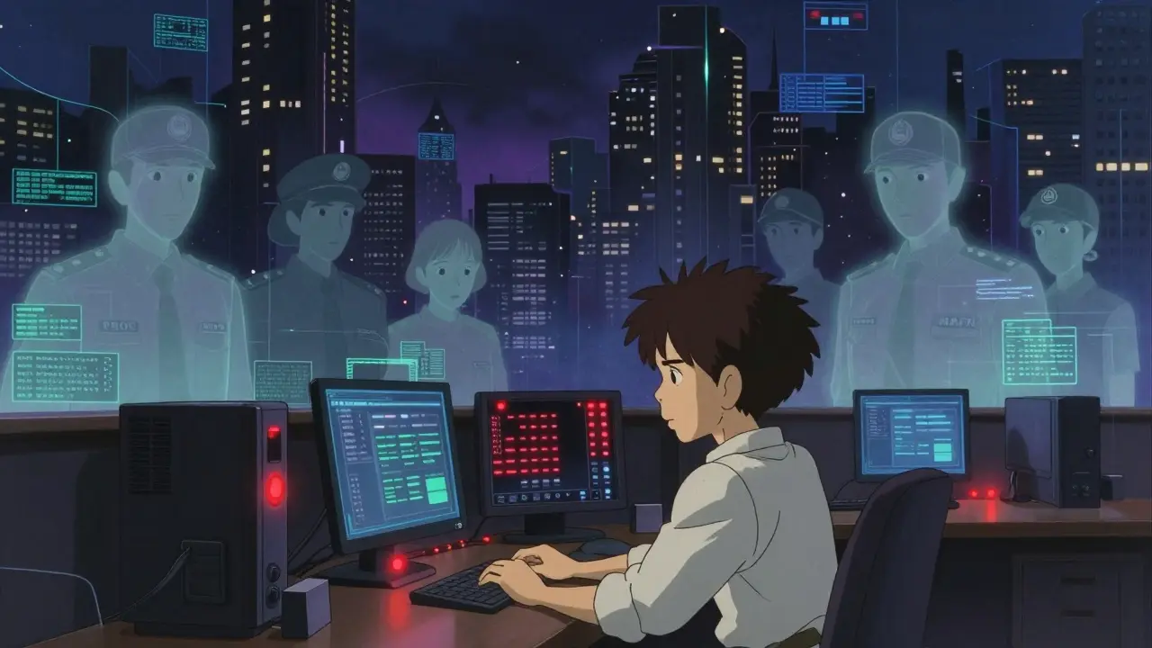 Anime depiction of digital surveillance and transaction monitoring systems