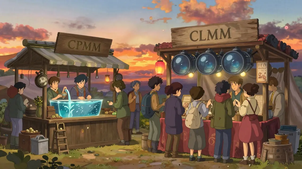 Anime marketplace with two distinct trading stalls and crowds