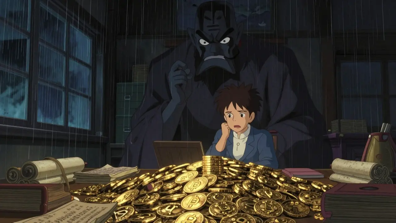 Anime-style investor looking anxious under a shadowy tax authority figure
