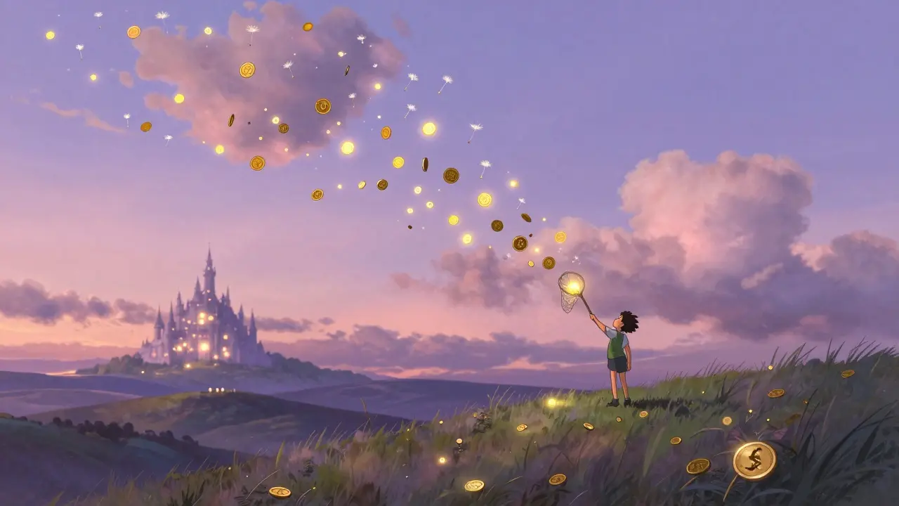 Character catching glowing golden tokens like dandelion seeds in a dreamy twilight landscape.
