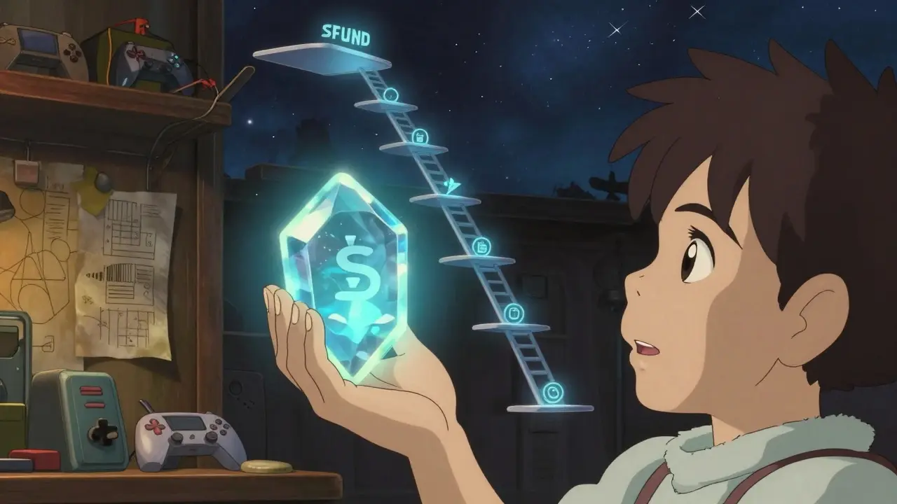 Character holding glowing SFUND token near a tiered ladder structure in a cozy workshop