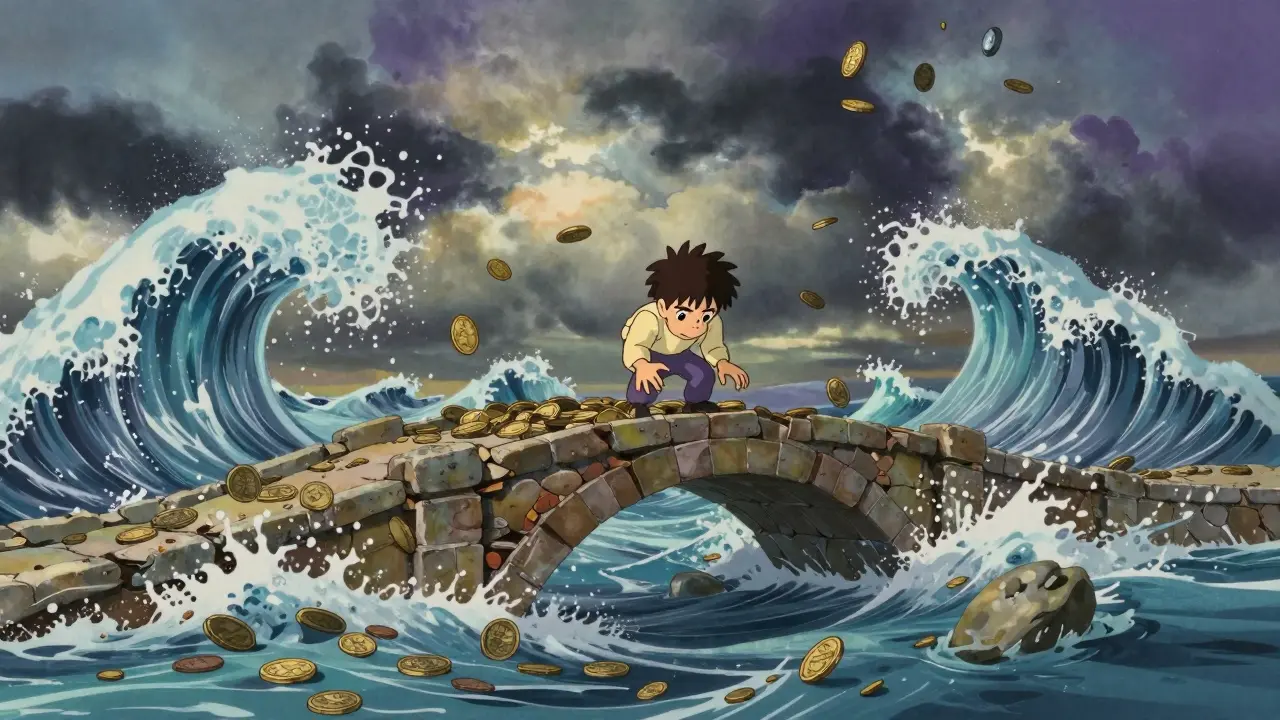 Character on crumbling bridge over coin ocean, anime style