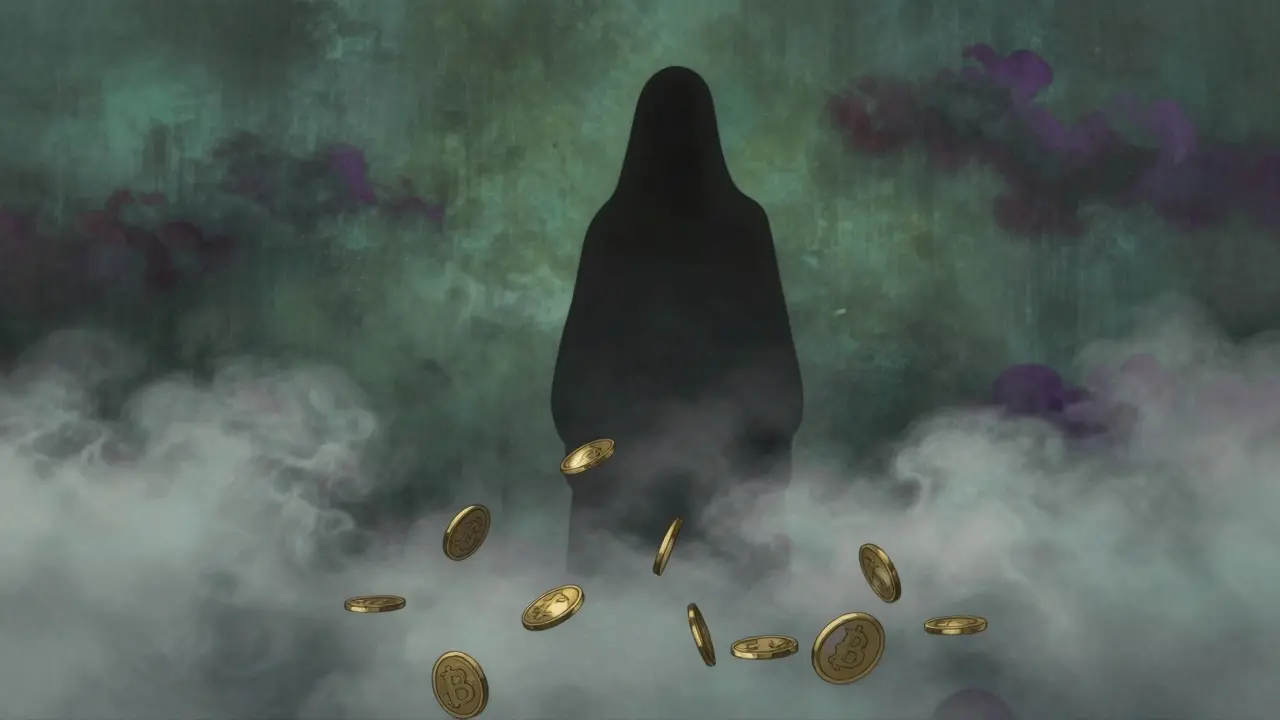 Coins disappearing into fog behind a shadowy figure, symbolizing hidden risks