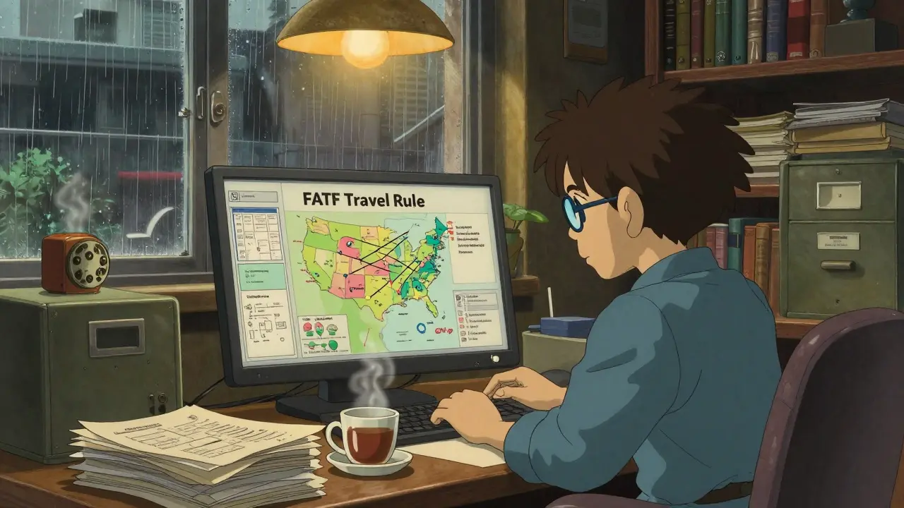Cozy Ghibli office scene with compliance workers analyzing regional crypto maps