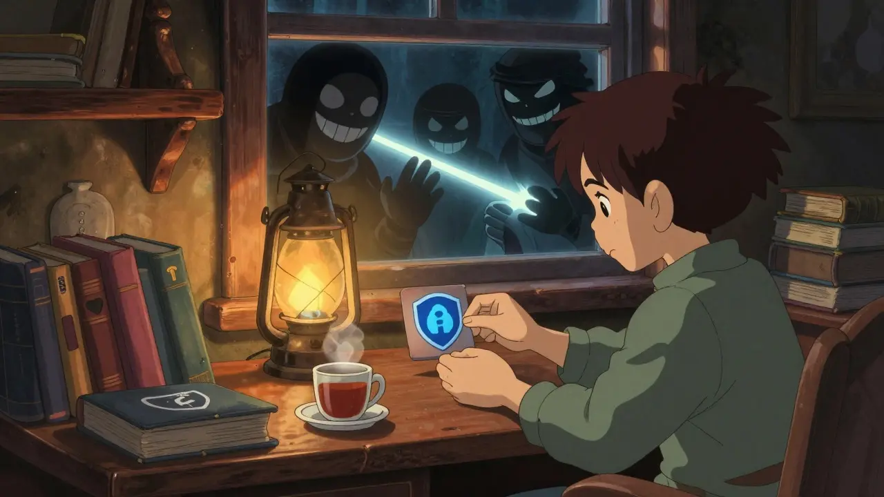 Cozy room scene with a character protecting digital assets from shadowy scammer figures outside.