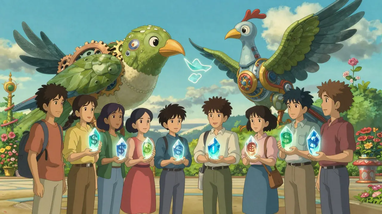 Diverse people exchanging currency crystals with a guardian mechanism