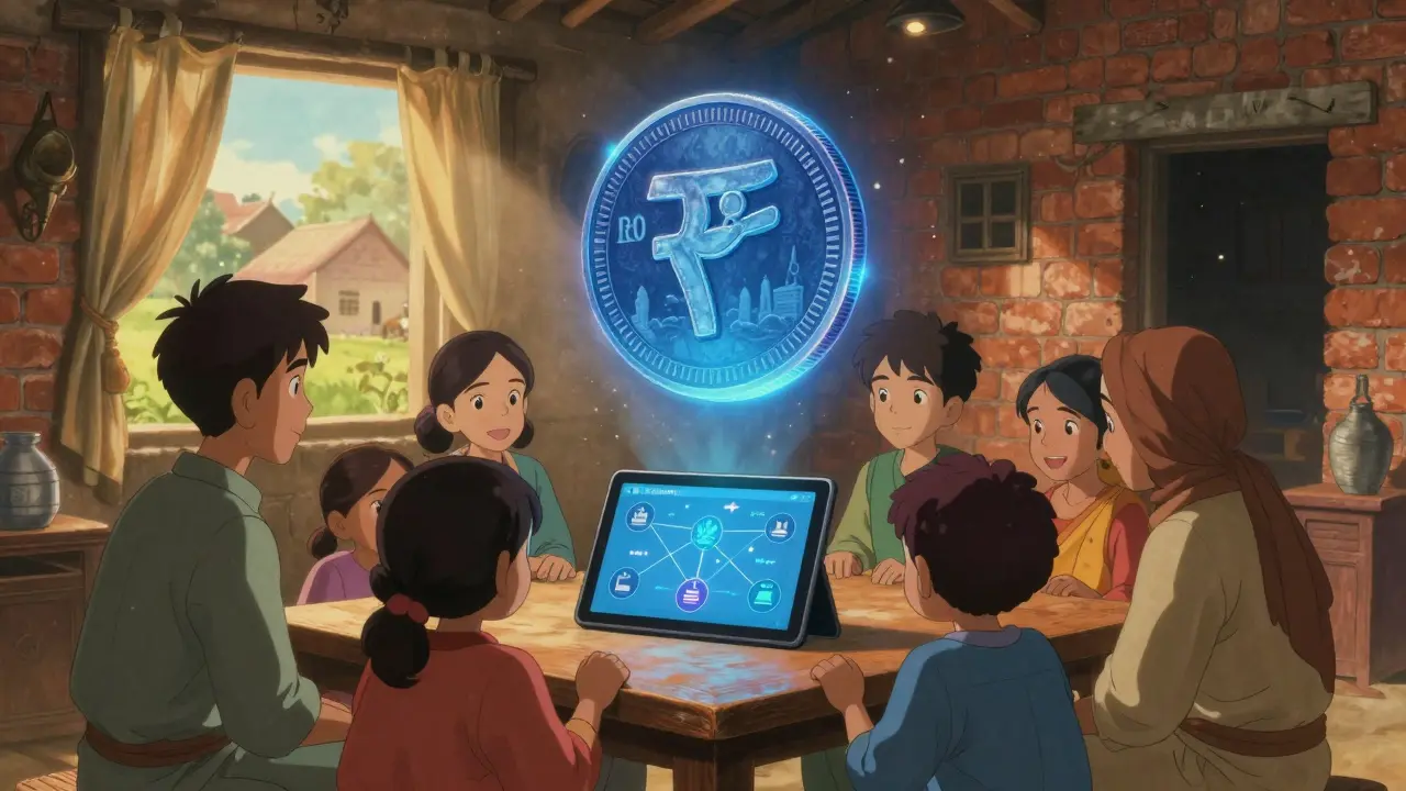 Family using digital rupee tablet in a rustic home, Studio Ghibli style