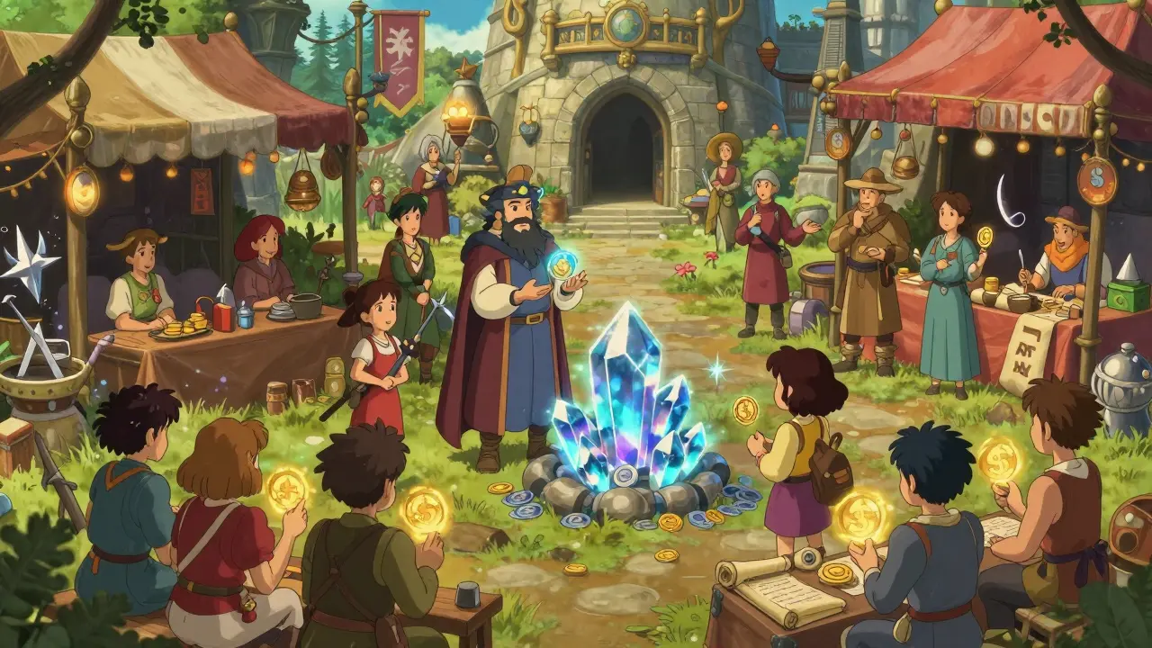 Fantasy marketplace with characters trading magical items