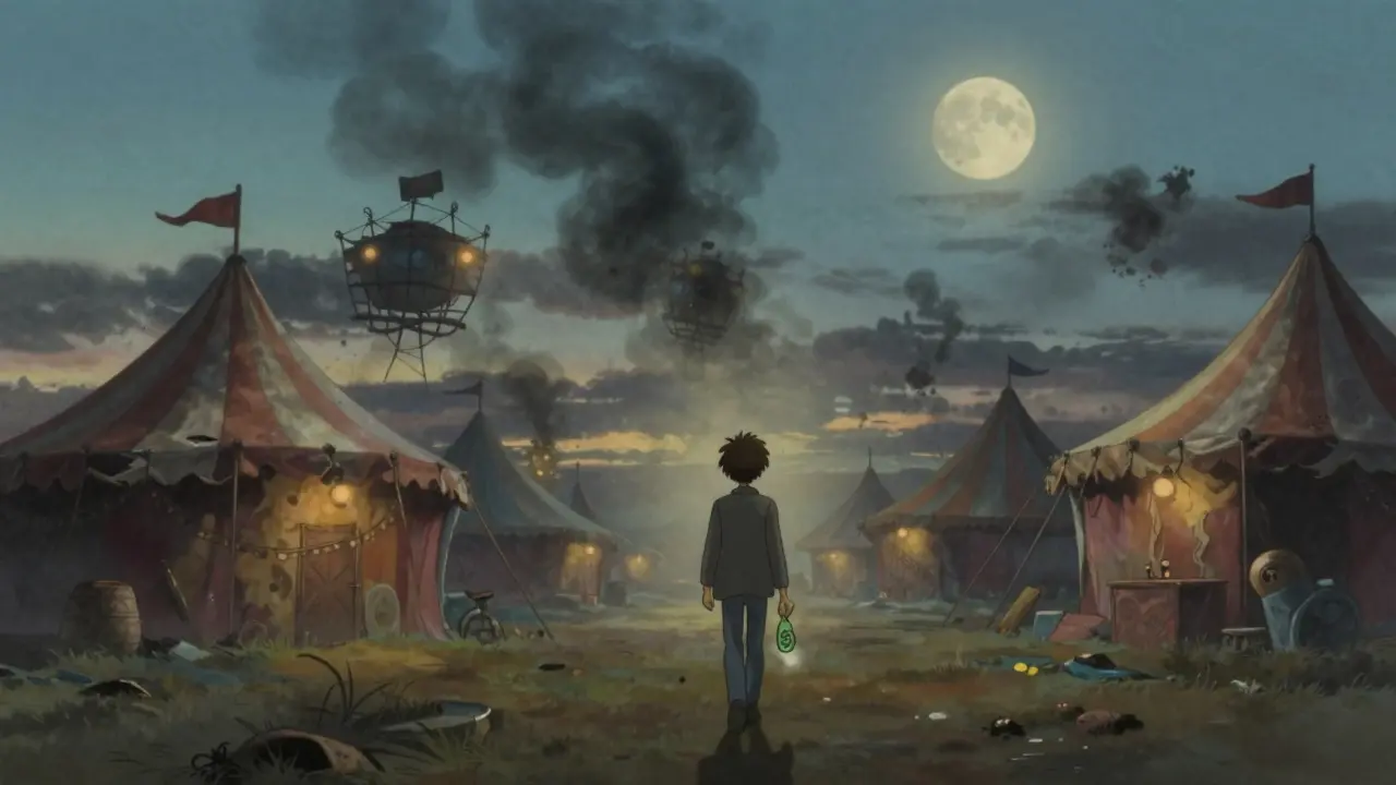Figure walking from fading carnival holding dust, Ghibli