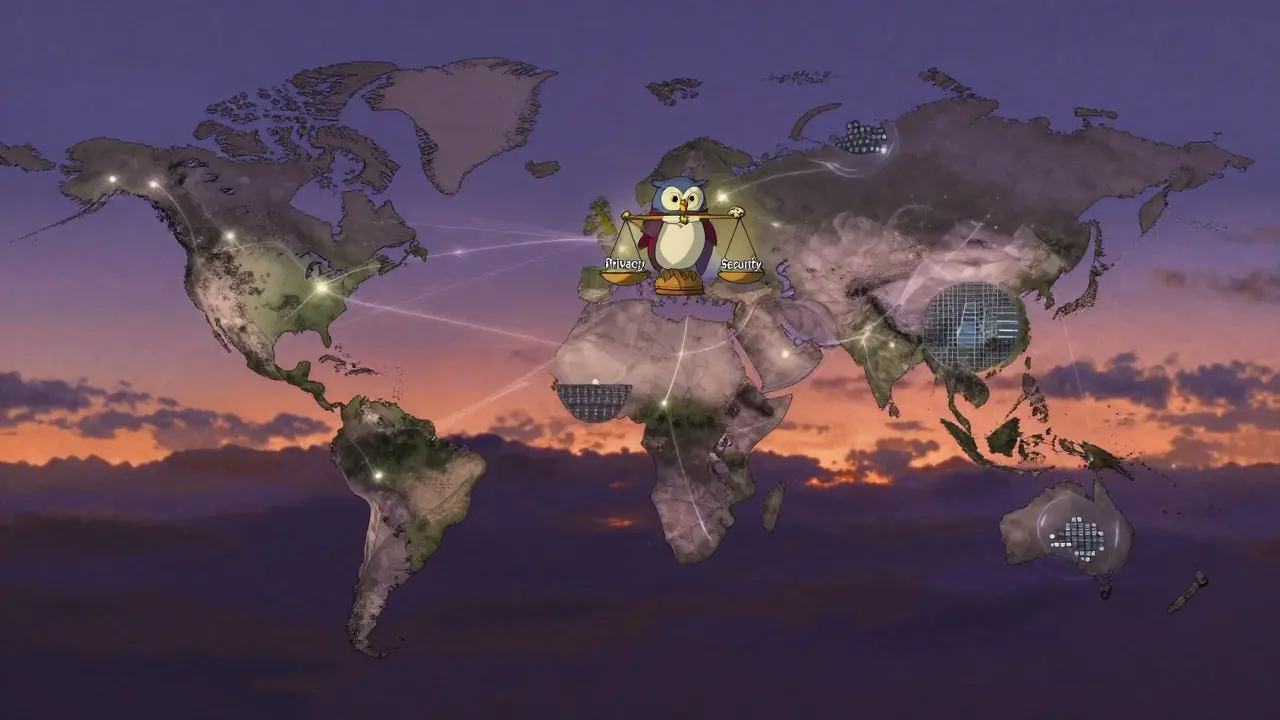 Ghibli-style art showing fragmented global finance and privacy vs security balance.