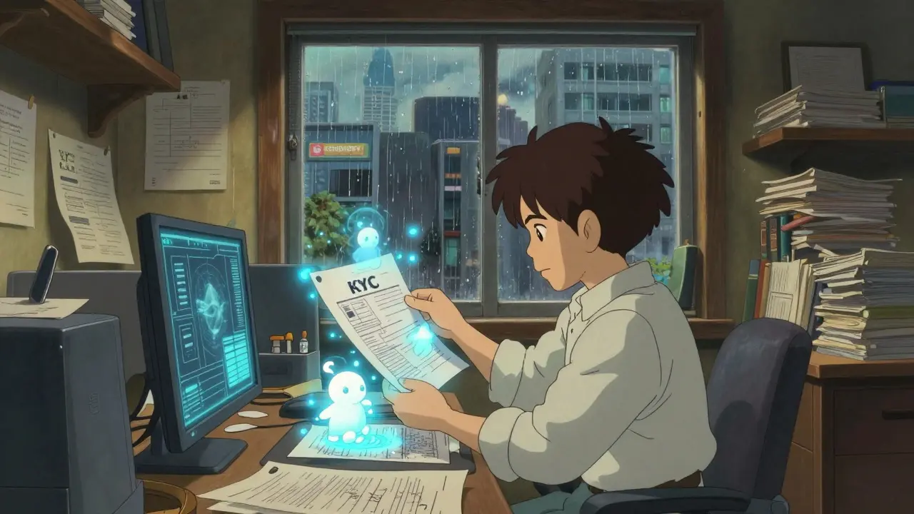 Ghibli style: Character organizing compliance documents into protective spirits.