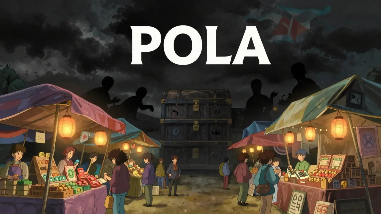 Ghibli-style contrast between a bright market and dark, risky shadows