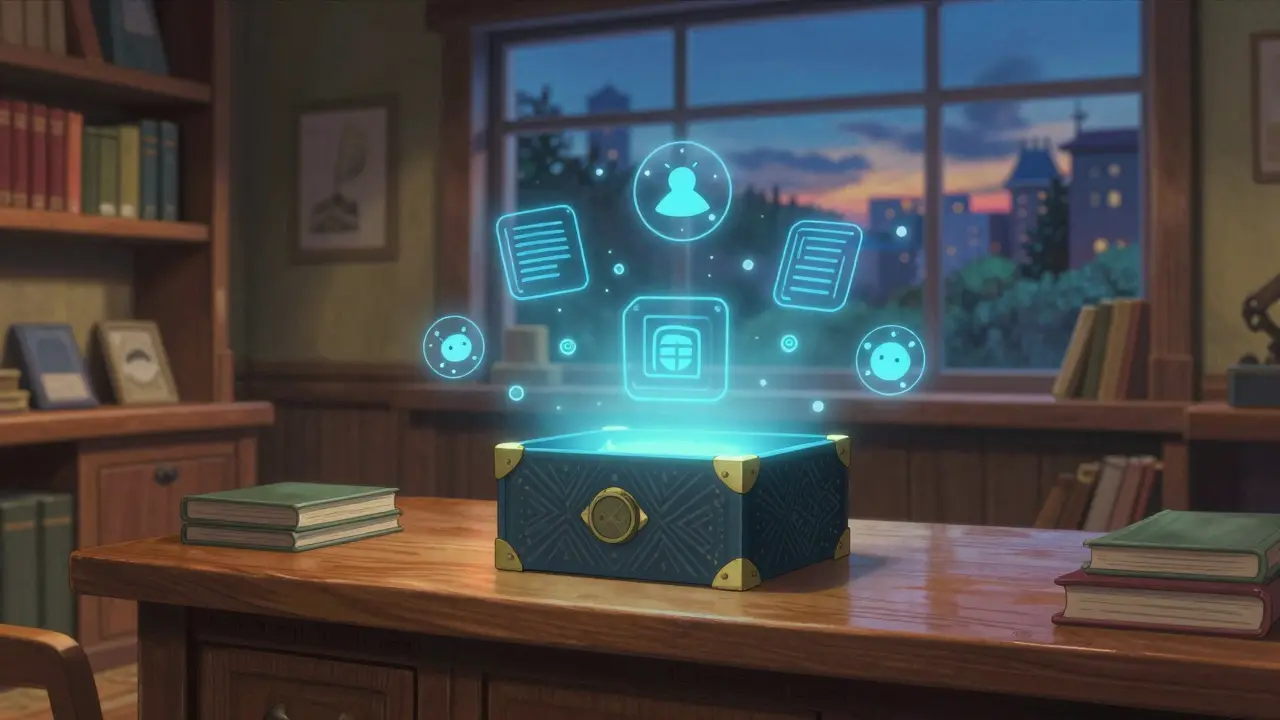 Ghibli style glowing mystery box on a desk with spirits