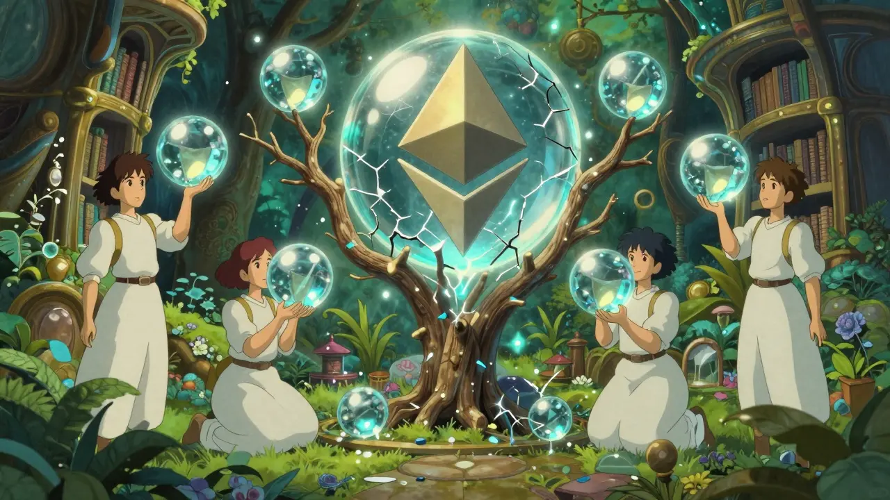 Ghibli-style guardians holding crystals showing Ethereum proof-of-stake