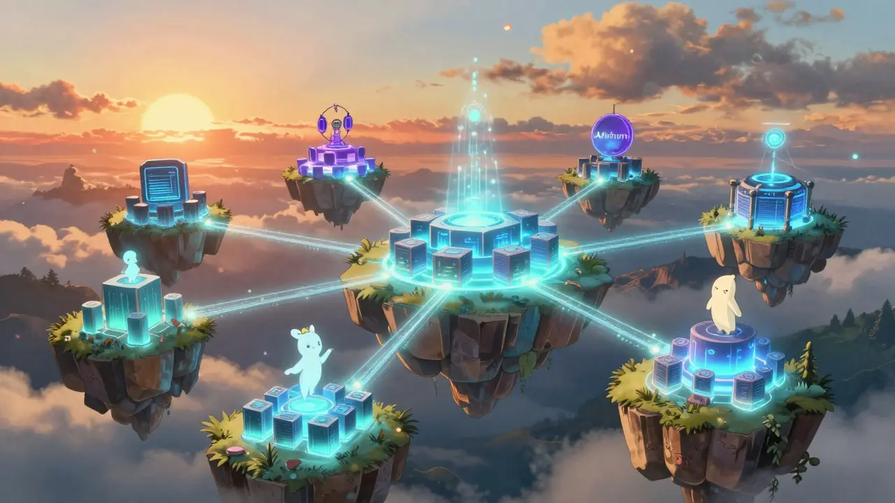 Ghibli-style interconnected islands showing scalable blockchain networks