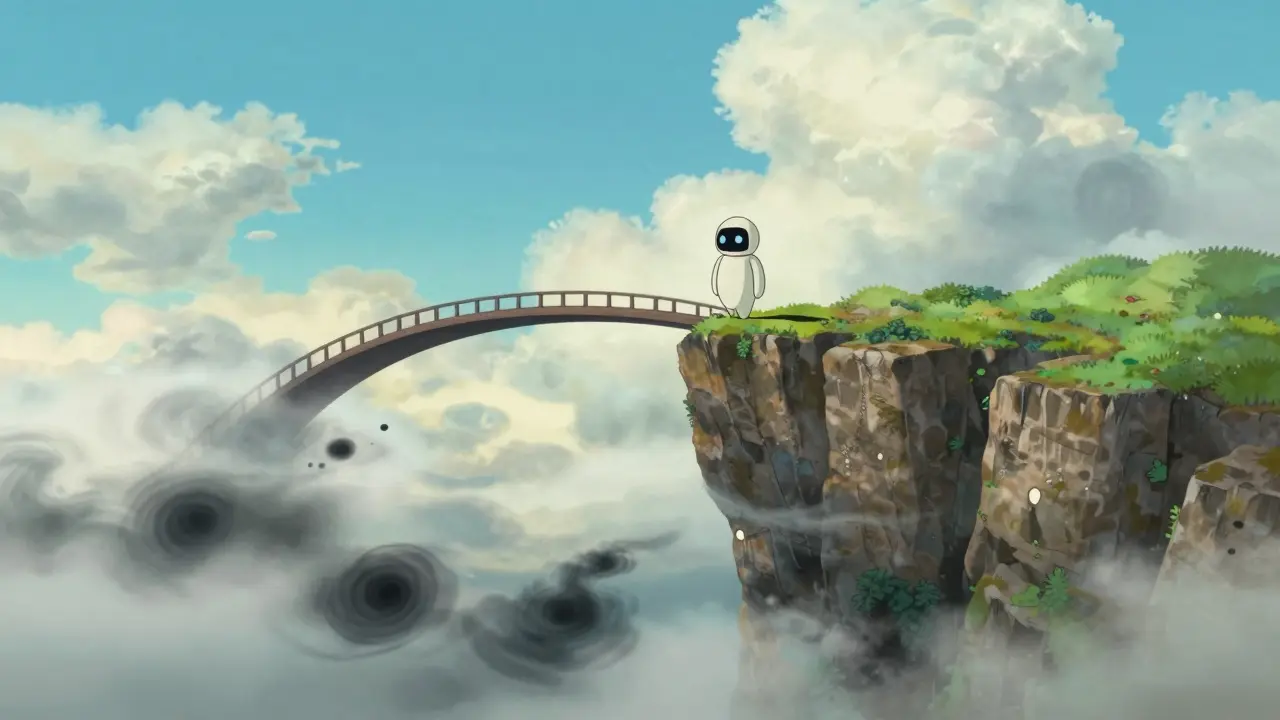 Ghibli-style spirit waiting at a cliff edge, symbolizing the token vesting cliff period
