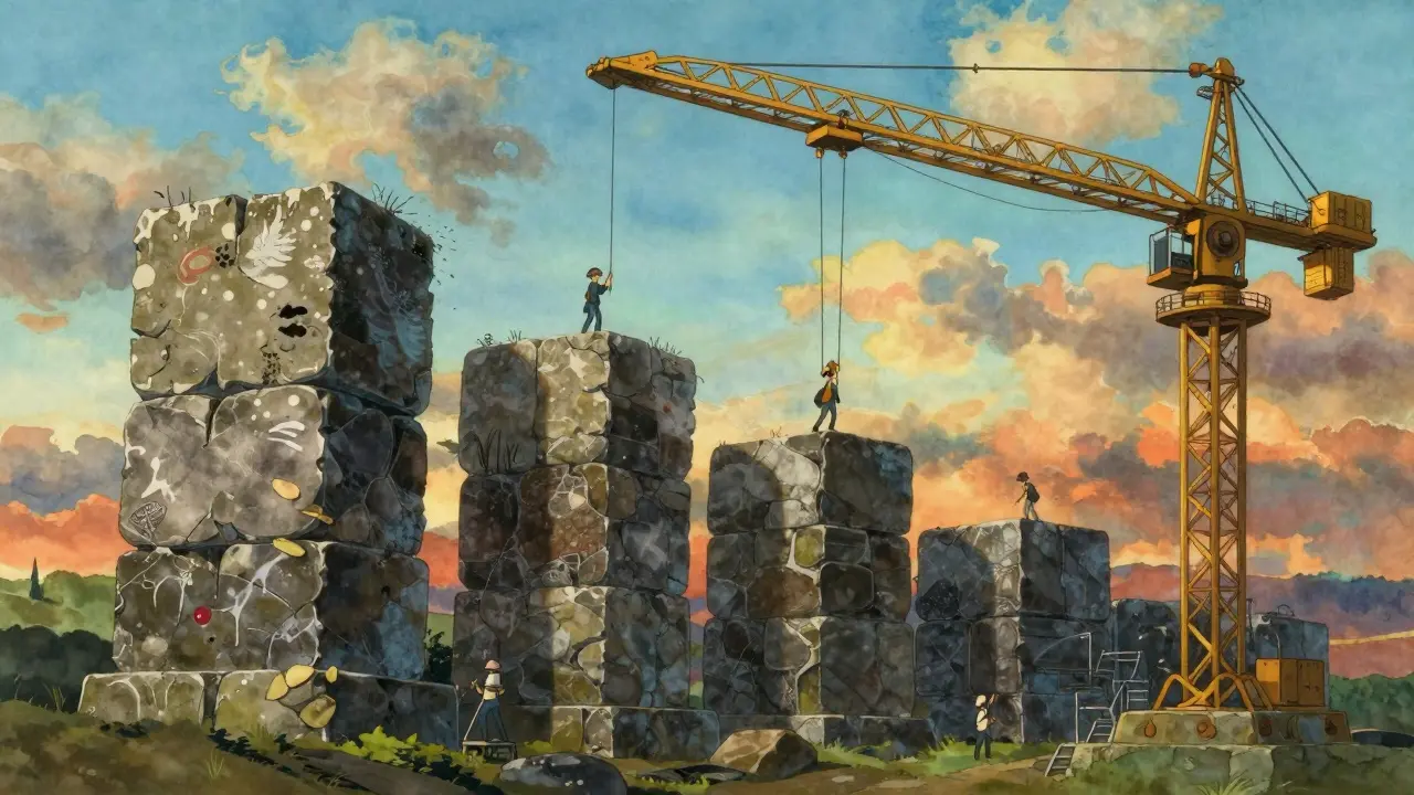 Ghibli-style stone blocks stacking to show Bitcoin proof-of-work security