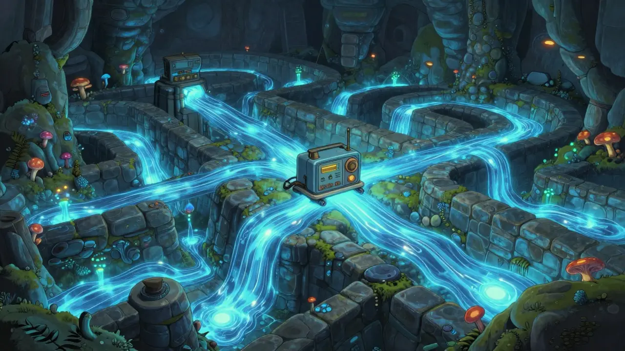 Ghibli style underground labyrinth with radio device optimizing glowing liquidity paths