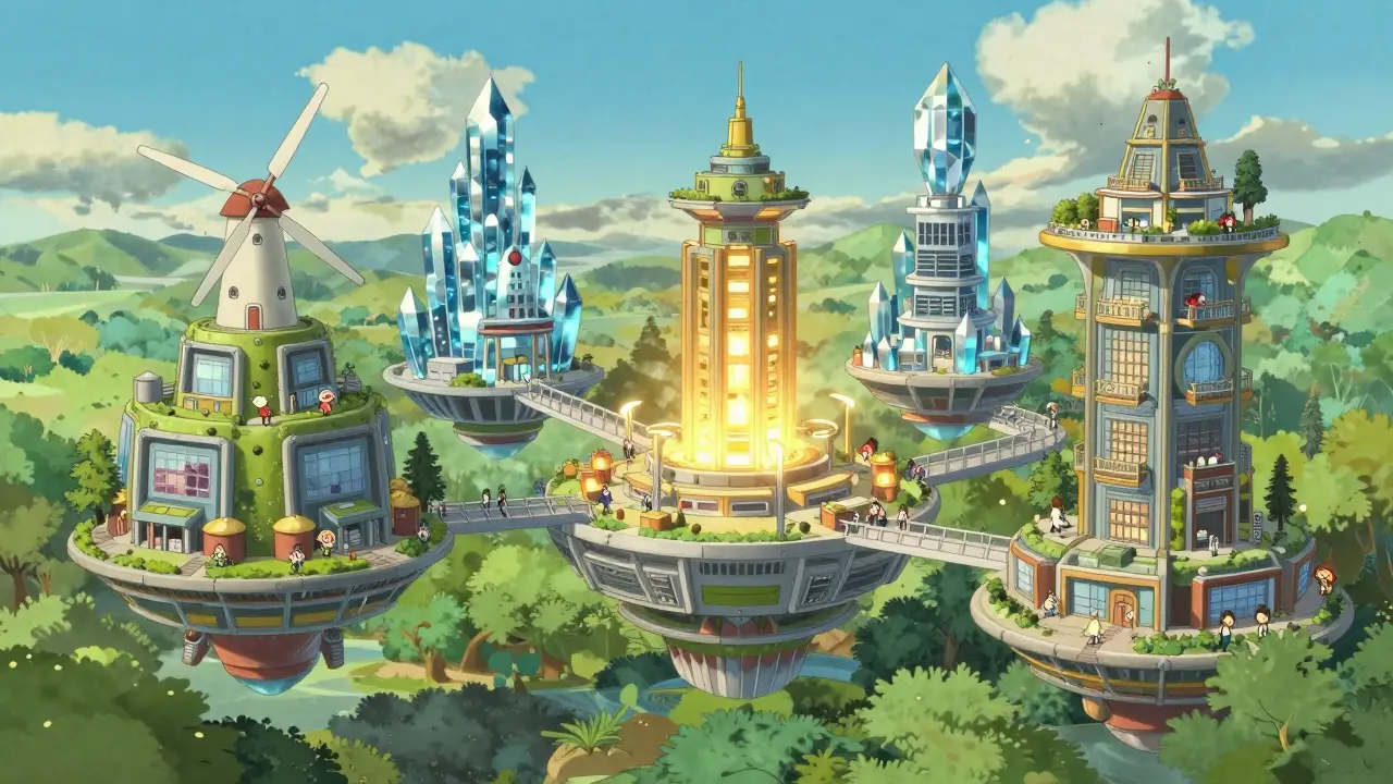 Ghibli-style vibrant eco-city illustrating modular blockchain layers