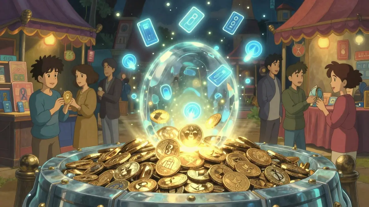 Golden tokens locking into a vault while blue element tokens float out as credits.