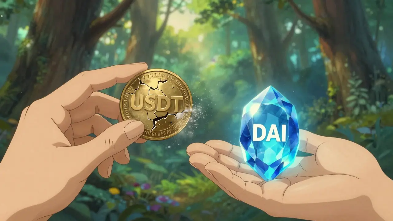 Hands swapping a crumbling USDT coin for a glowing DAI gem in a forest